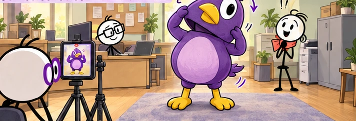Dorian con una botarga de pájaro morado intenta ayudar al equipo con su reel